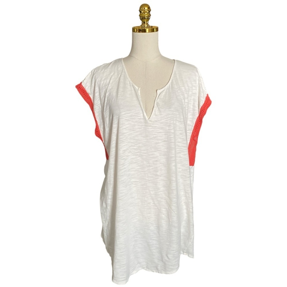 J. Crew Women’s White Cotton Boho Tunic Top w/ Orange Crochet Lace Size Large